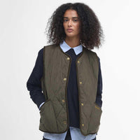 Deep Olive/Ancient Tartan Barbour Womens Cecily Gilet Model Front