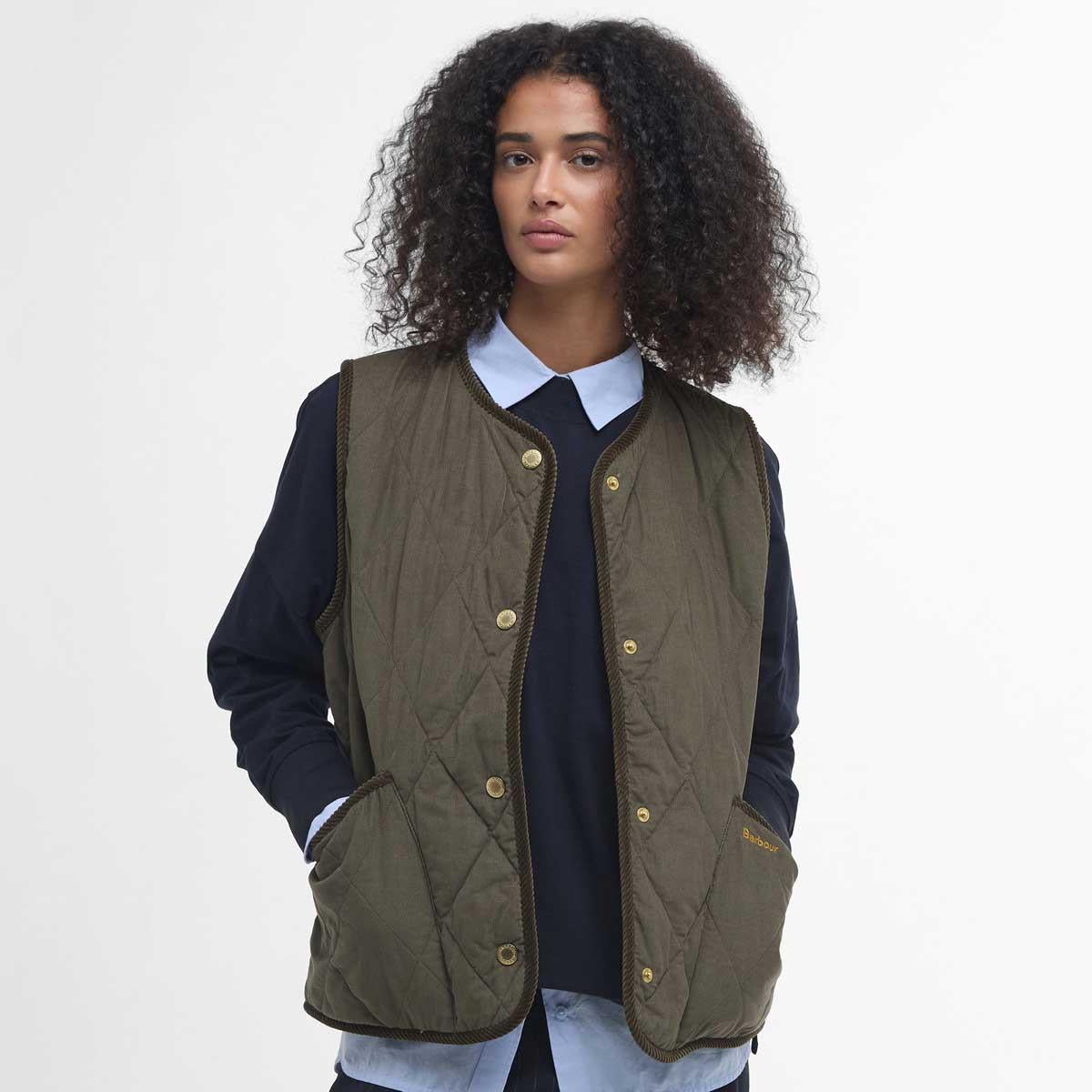 Deep Olive/Ancient Tartan Barbour Womens Cecily Gilet Model Front
