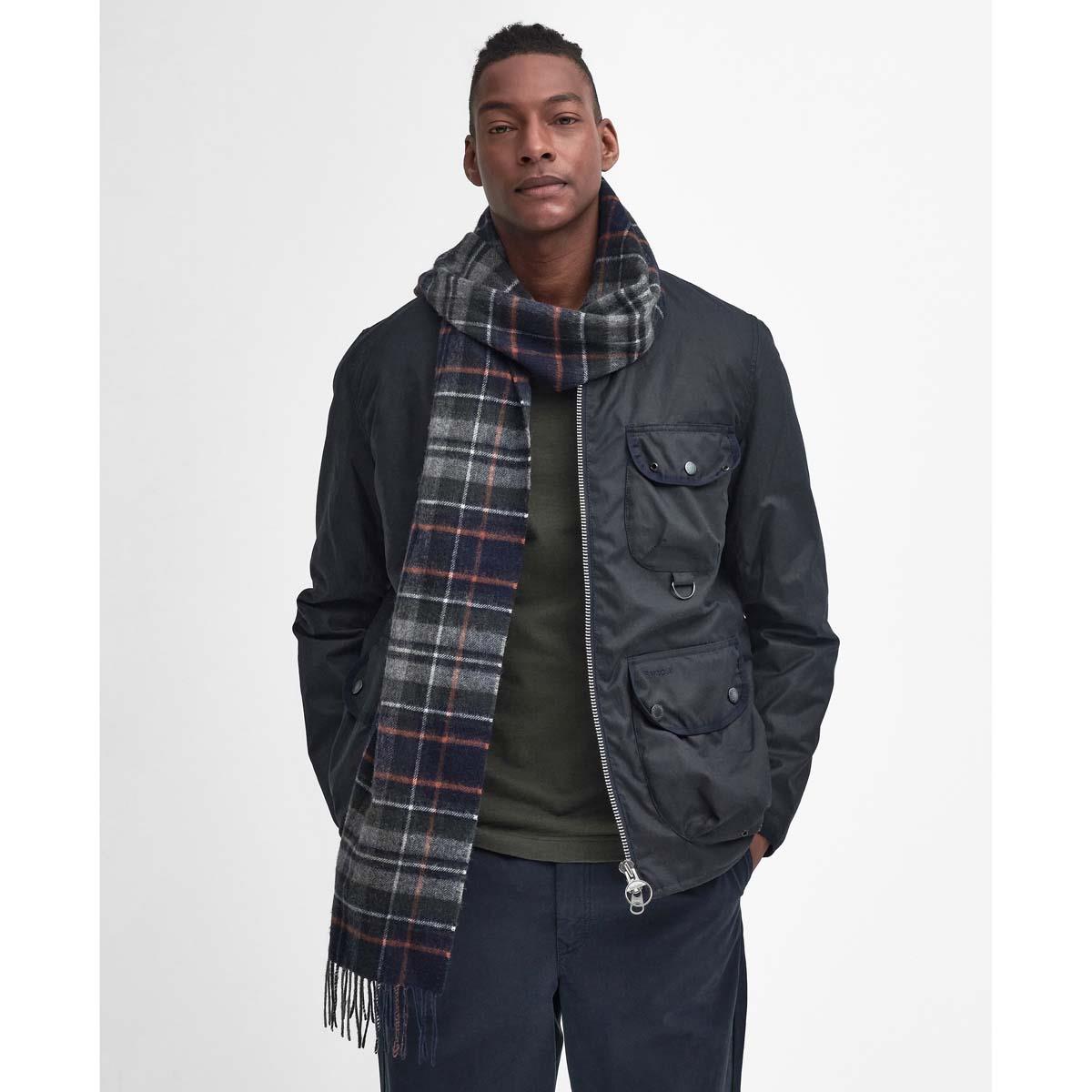 Navy/Dark Ginger Barbour Unisex New Check Tartan Scarf On Model