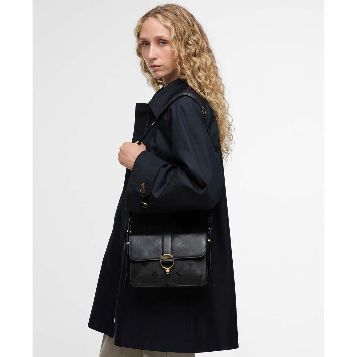 Black/Deboss Tartan Barbour Womens Rosa Deboss Leather Crossbody Bag On Model