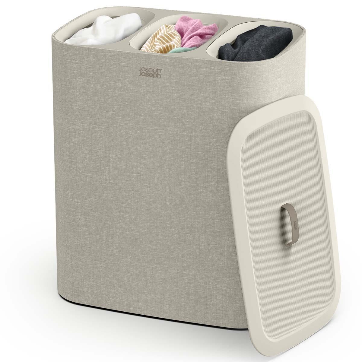 Ecru Joseph Joseph Tota Trio 90-Litre Laundry Separation Basket Angle View