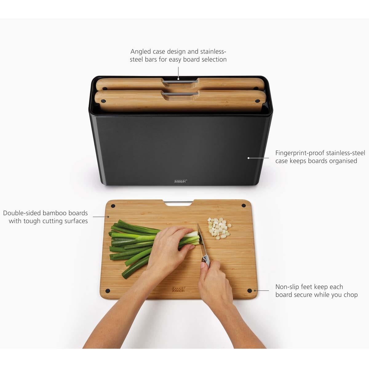 Joseph Joseph Folio Steel Bamboo 3-Piece Chopping Board Set Product Features