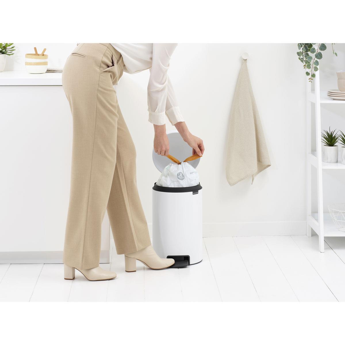 White Brabantia newIcon Pedal Bin 12 Litre Plastic Bucket In Use