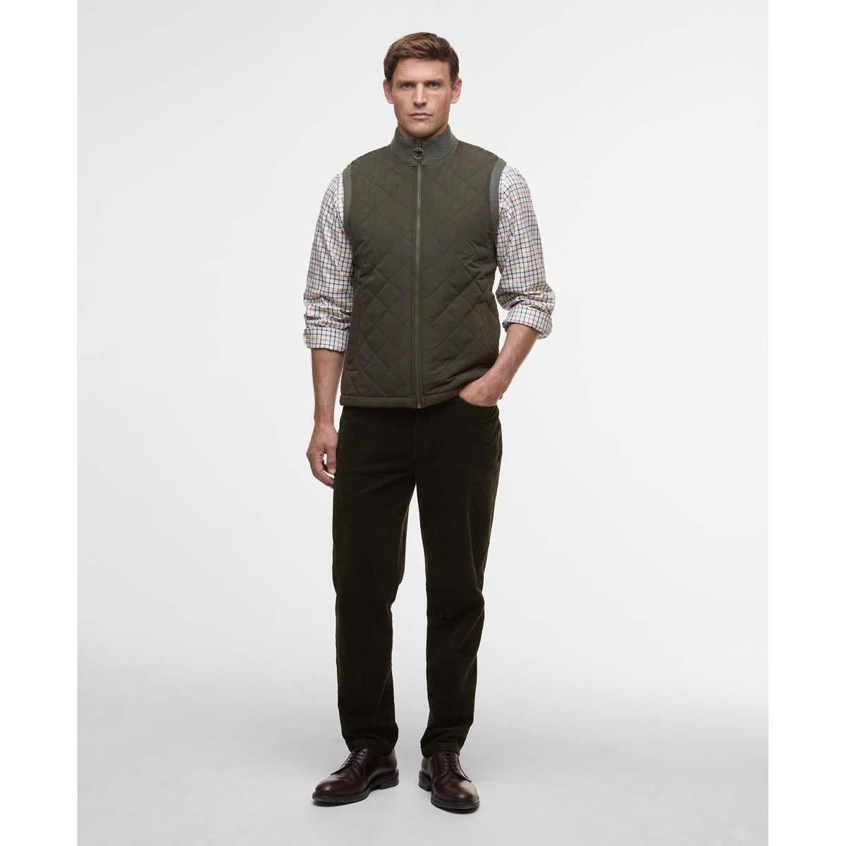 Olive Barbour Mens Shoveler Knitted Gilet On Model