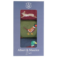 Albert and Maurice Mens Socks Gift Set Pack Of 3 Red Hare/Green Pheasant/Blue Duck