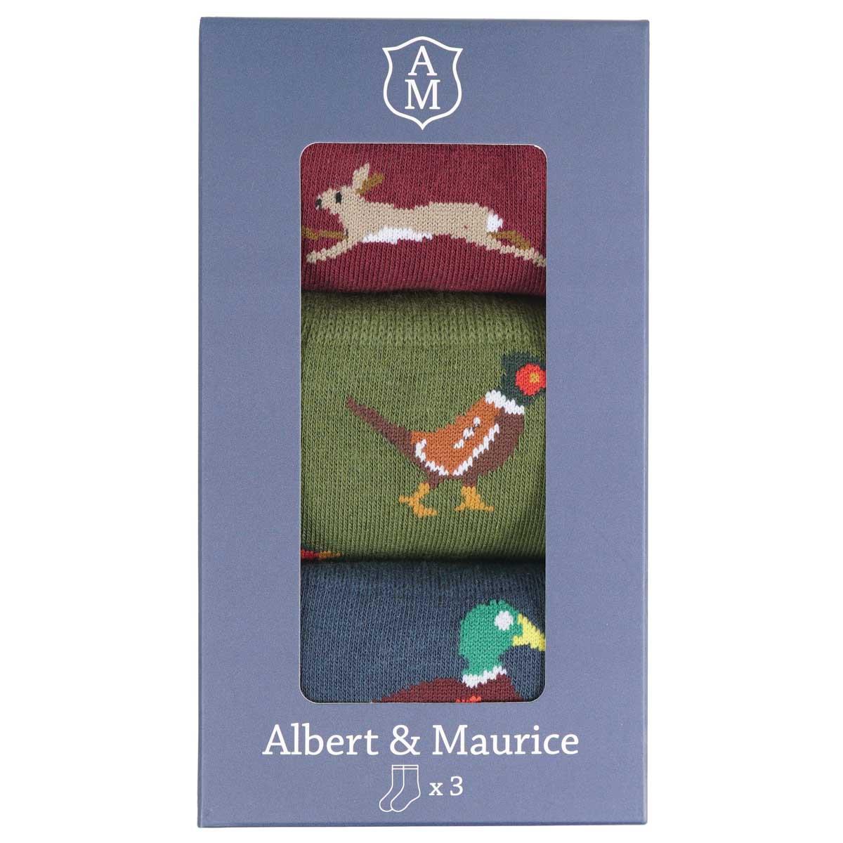 Albert and Maurice Mens Socks Gift Set Pack Of 3 Red Hare/Green Pheasant/Blue Duck