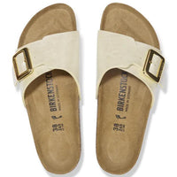 Graceful Pearl White Birkenstock Catalina Cushion Buckle Birko-Flor Sandals Top