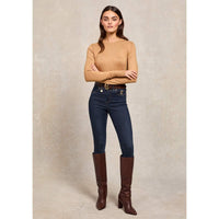 Dark Camel Holland Cooper Womens Buttoned Knit Crew Neck Jumper On Model Full Length