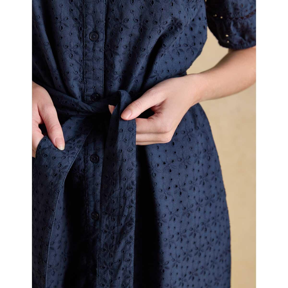 Navy Joules Womens Susanna Broderie Dress On Model Waist Detail