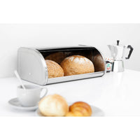 Brilliant Steel Brabantia Roll Top Bread Bin Lifestyle In Use Open