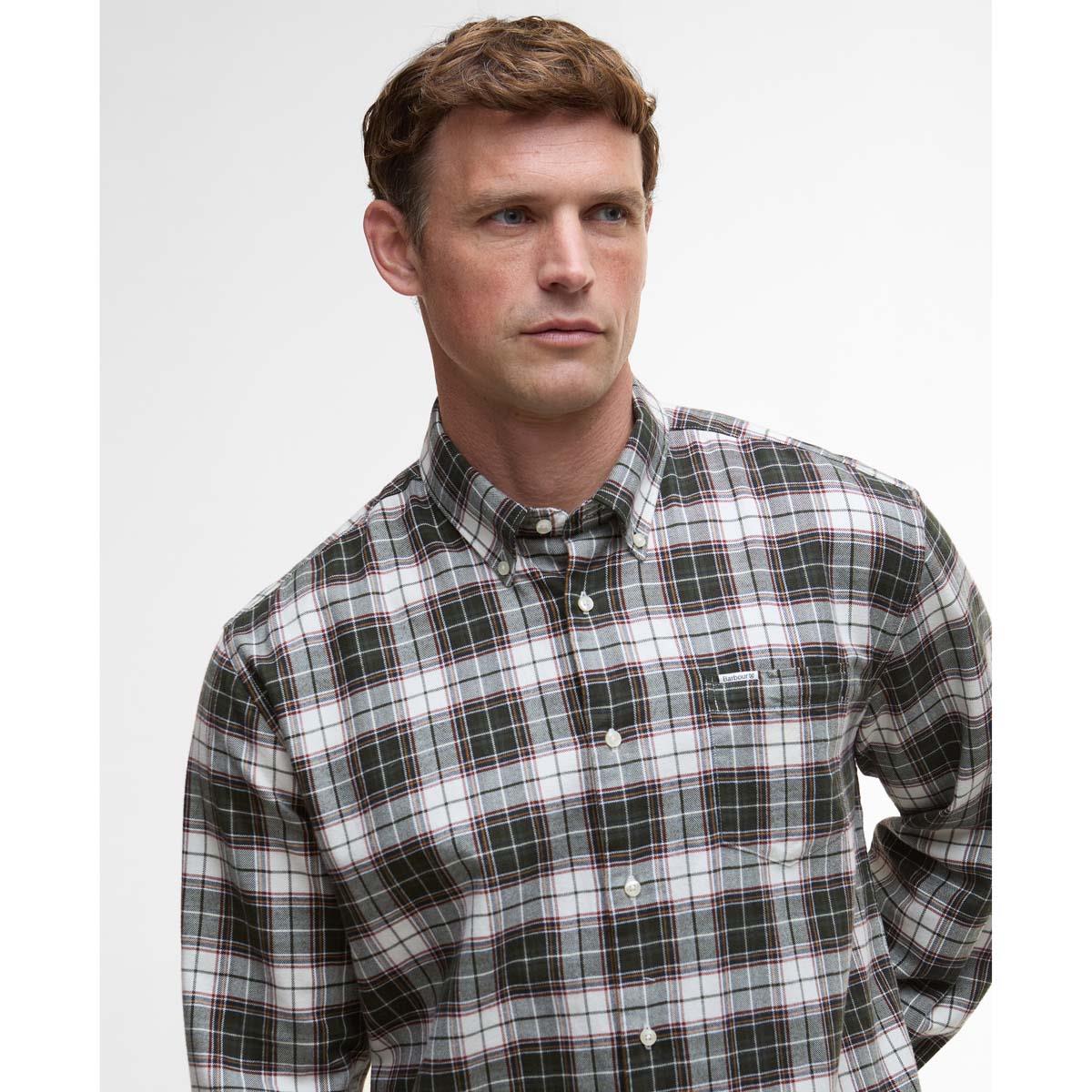 OLIVE Barbour Mens Telfield Regular Checked Shirt COLLAR
