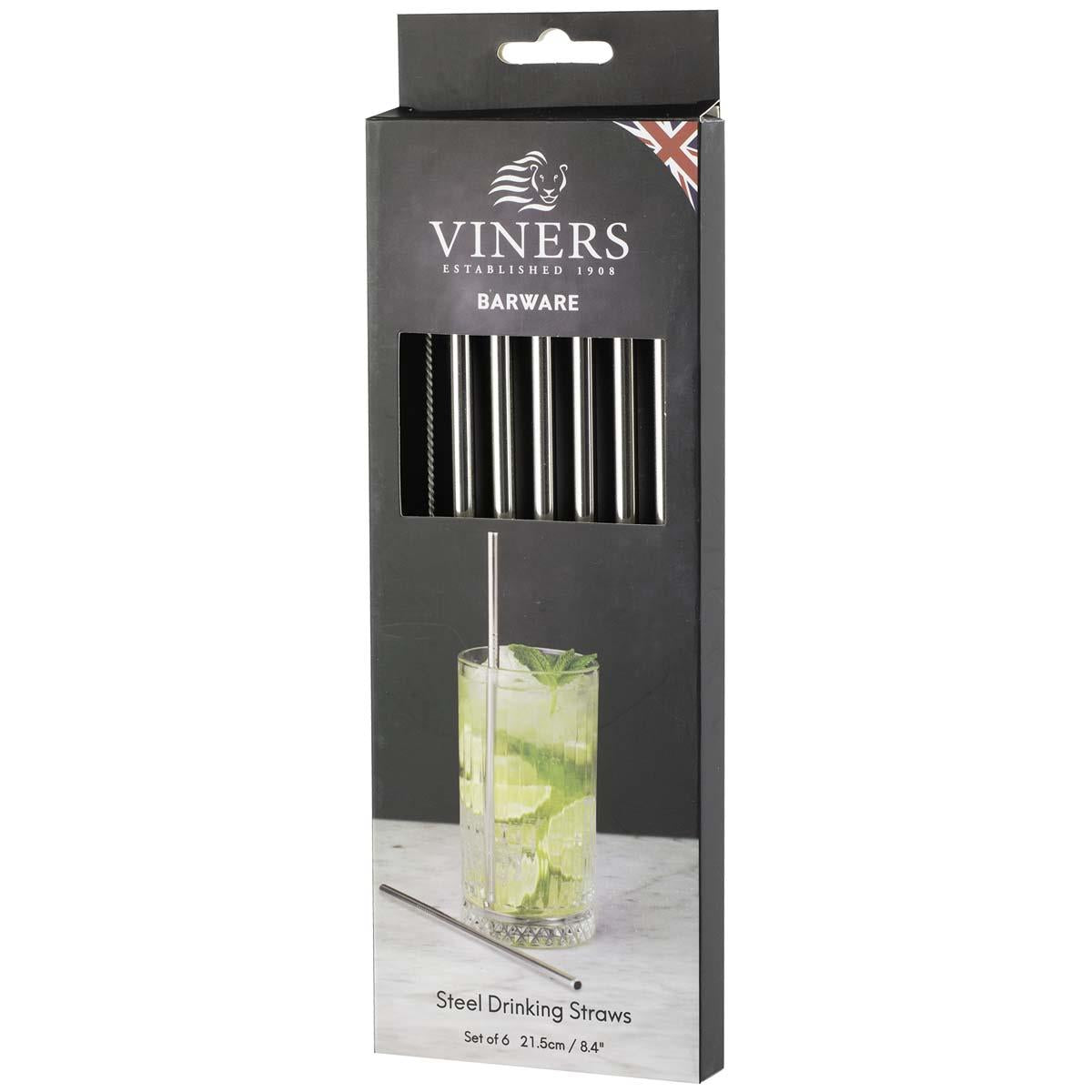 Viners Barware 6 Piece Long Steel Drinking Straws BOX