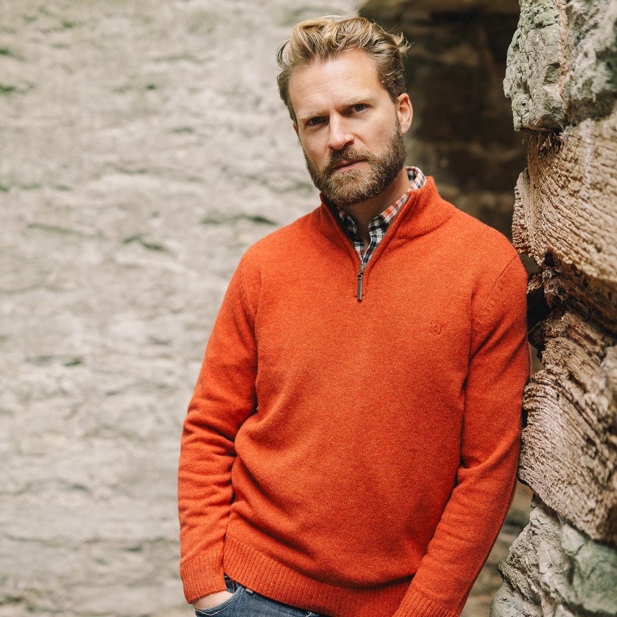 Albert and Maurice Mens Netherton Copper Brown Lambswool Zip Neck Jumper lifestyle jacket