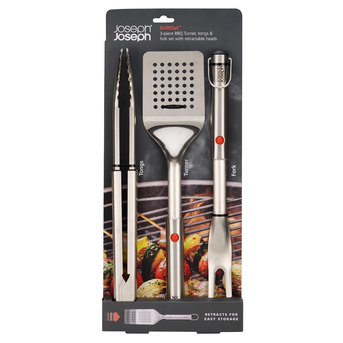 Joseph Joseph GrillOut 3-Piece Stainless-Steel BBQ Turner, Tongs and Fork Set In Packaging