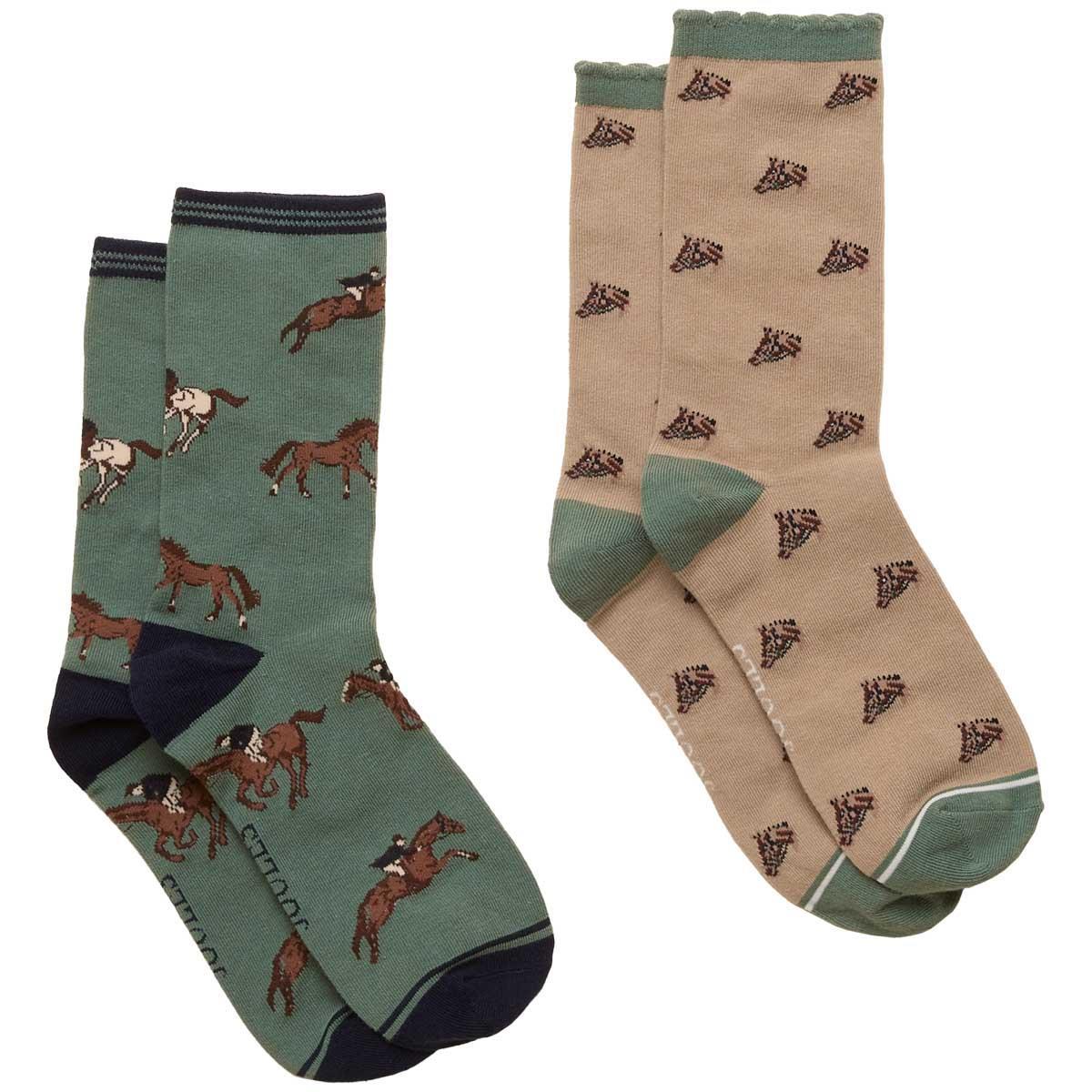 Green/Neutral Horse Joules Womens Everyday Socks 2 Pack