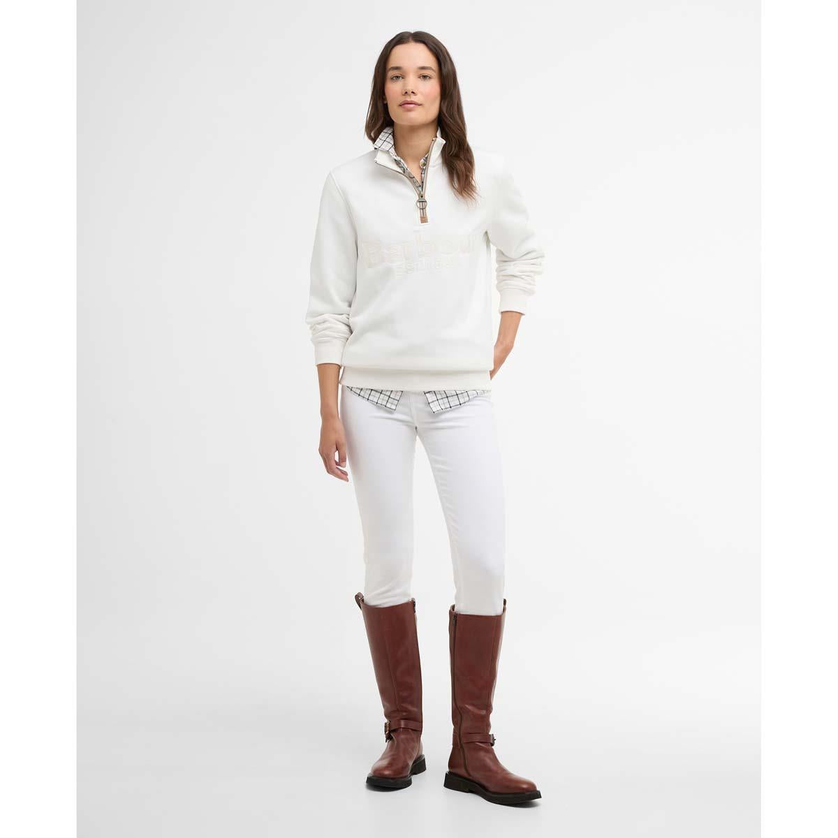 CLOUD Barbour Womens Cynthia Half Zip Sweatshirt ON MODEL