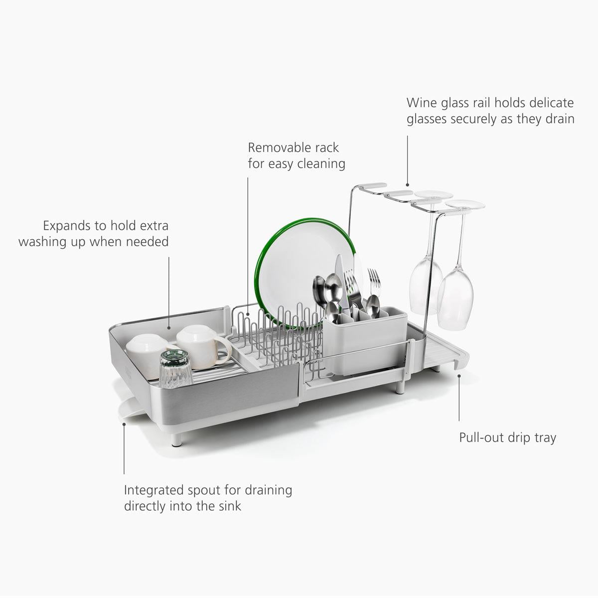 Joseph Joseph Extend Steel Plus Expandable Dish Drainer With Wine Glass Rack Features
