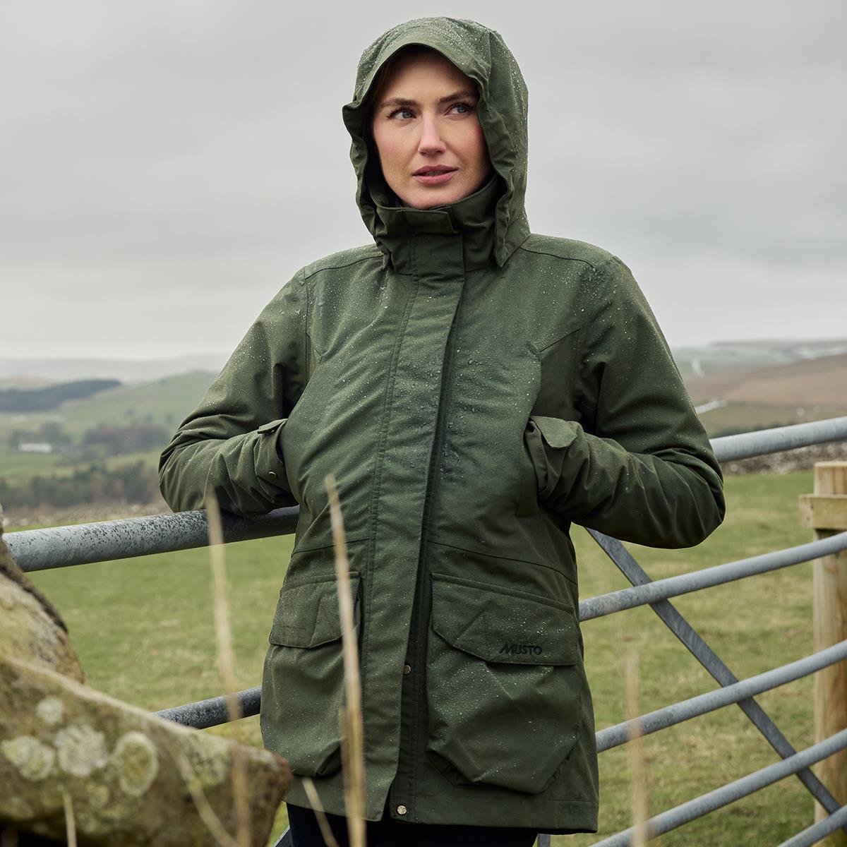 Deep Green Musto Womens Outdoor Country Burnham Waterproof Jacket Lifestyle Hood