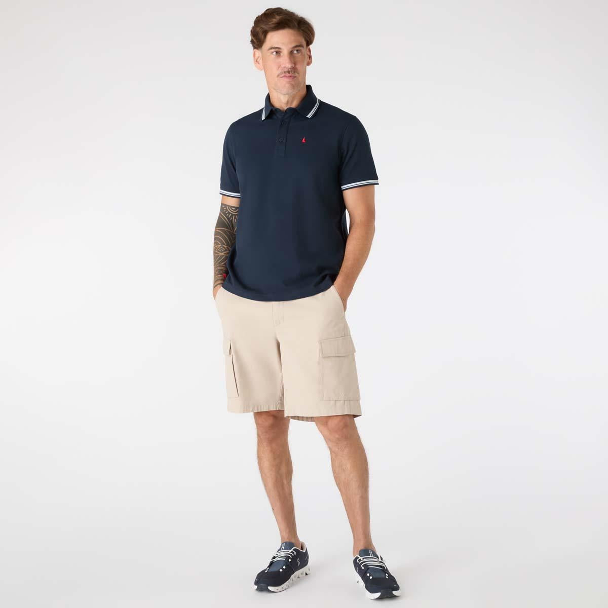 Navy Musto Mens Original Tipped Pique Polo on model