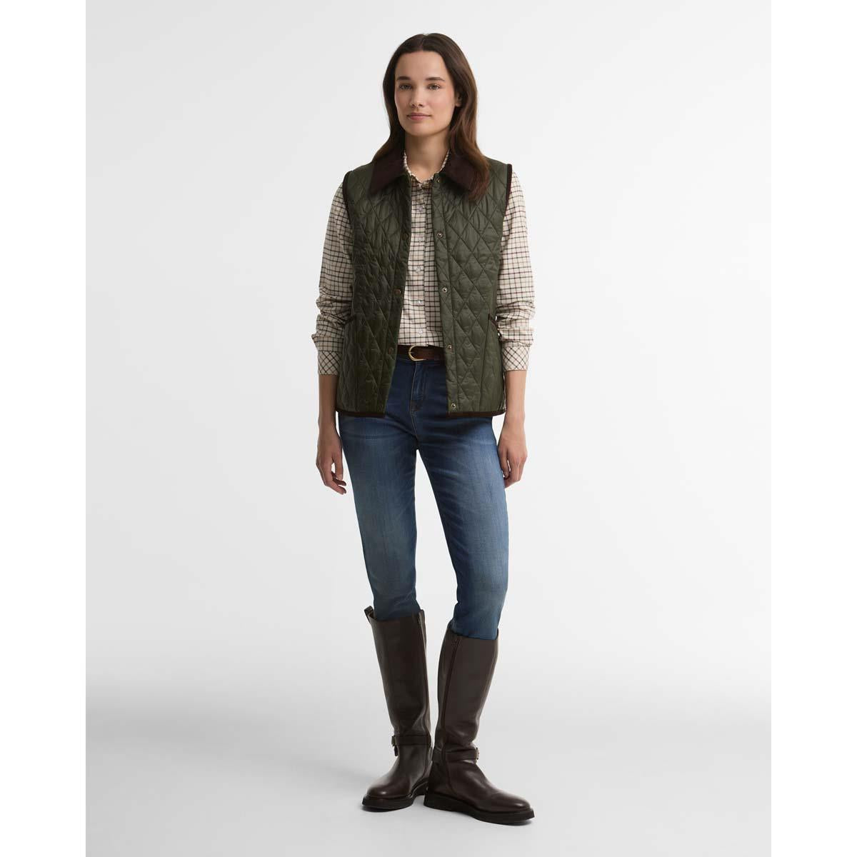OLIVE Barbour Womens Darwen Quilted Gilet ON MODEL