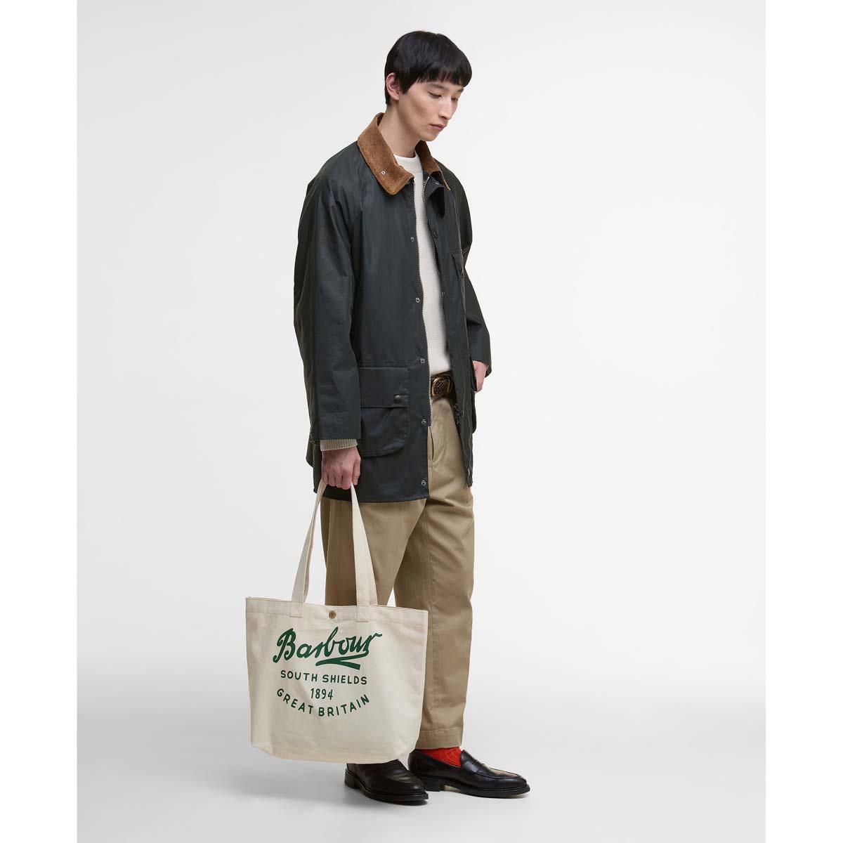 Natural Barbour Script Tote Bag On Model