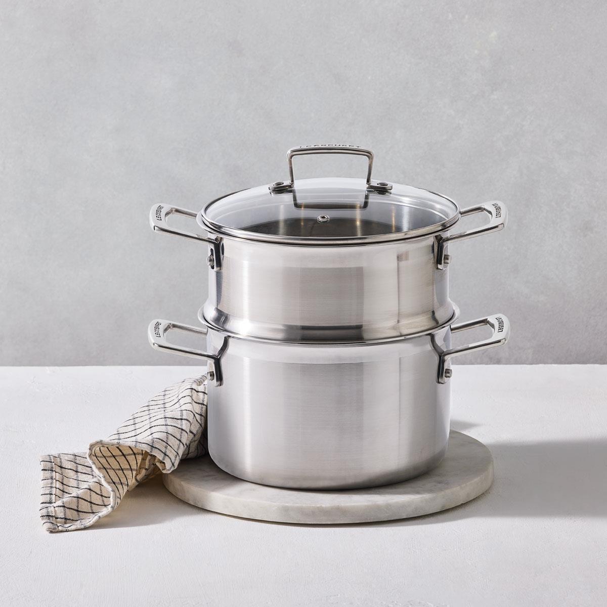 Le Creuset 3-ply Stainless Steel 20cm Casserole with Steamer Set Lifestyle