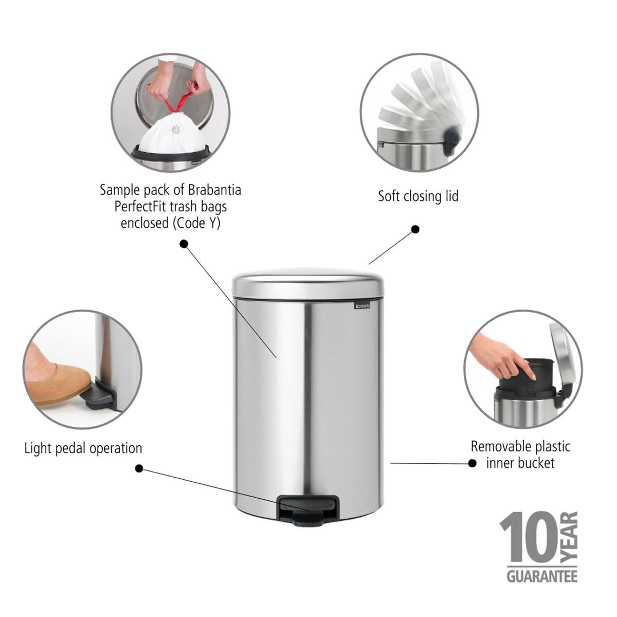 Matt Steel Fingerprint Proof Brabantia newIcon Pedal Bin 20 Litre Plastic Bucket Product Features