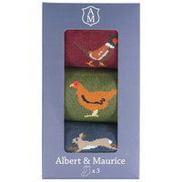 Albert and Maurice Mens Socks Gift Set Pack Of 3 Red Pheasant/Green Chicken/Blue Hare