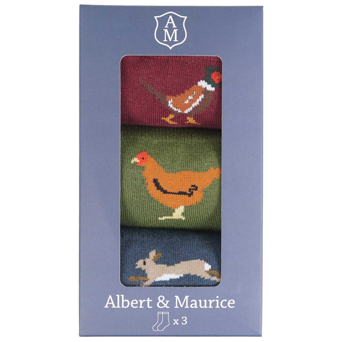 Albert and Maurice Mens Socks Gift Set Pack Of 3 Red Pheasant/Green Chicken/Blue Hare