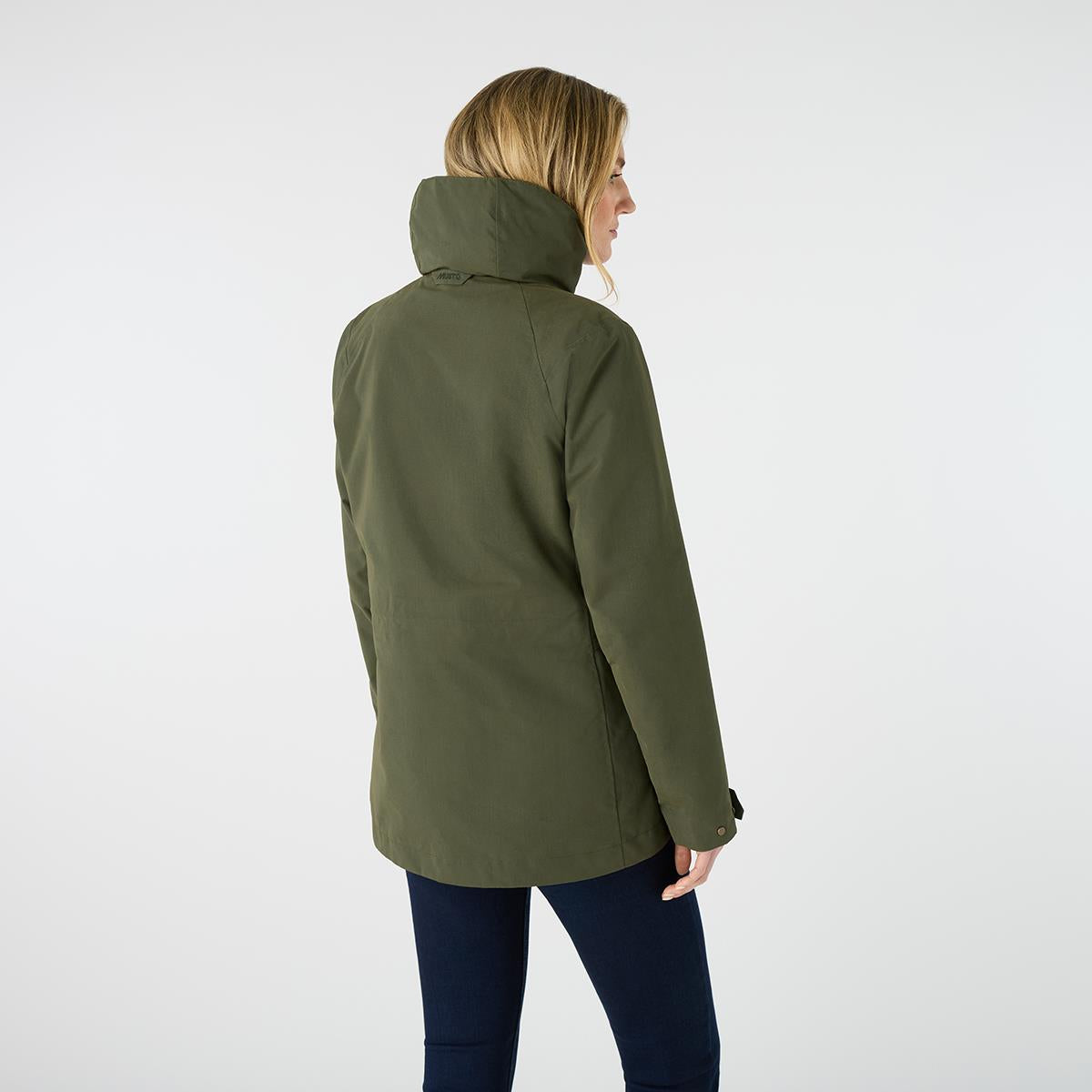 Deep Green Musto Womens Outdoor Country Burnham Waterproof Jacket On Model Back