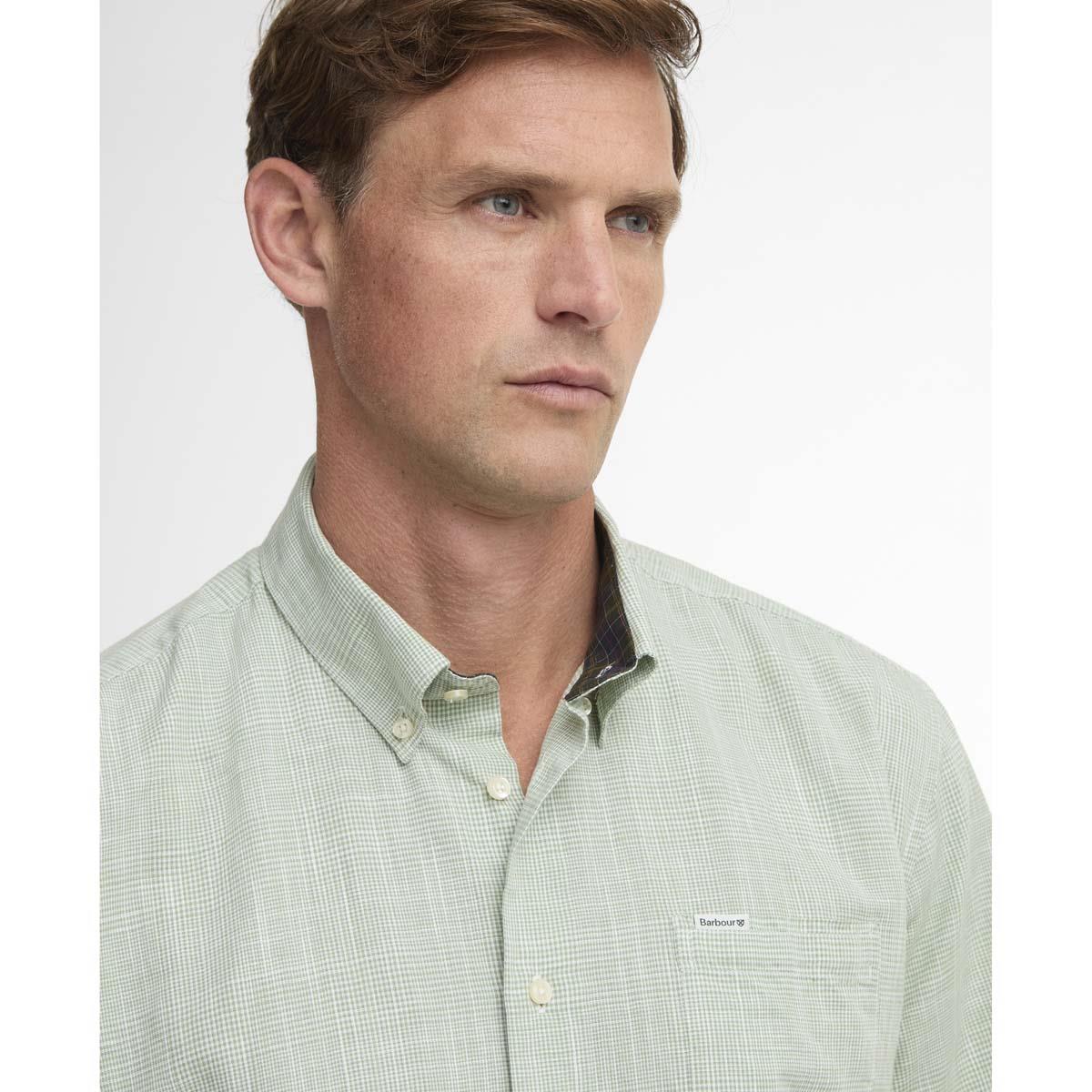 Loden Green Barbour Mens Fleming Linen Blend Regular S/S Shirt Collar
