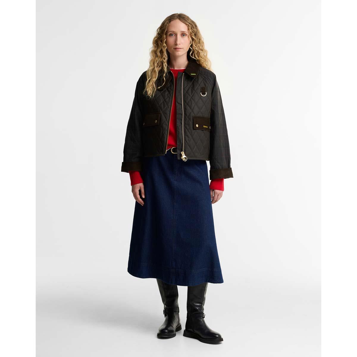 Olive/Classic Barbour Womens Tartan Reimagined Icons Tartan Quilt  ON MODEL