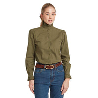 Dark Khaki Green Schoffel Womens Sheringham Shirt On Model