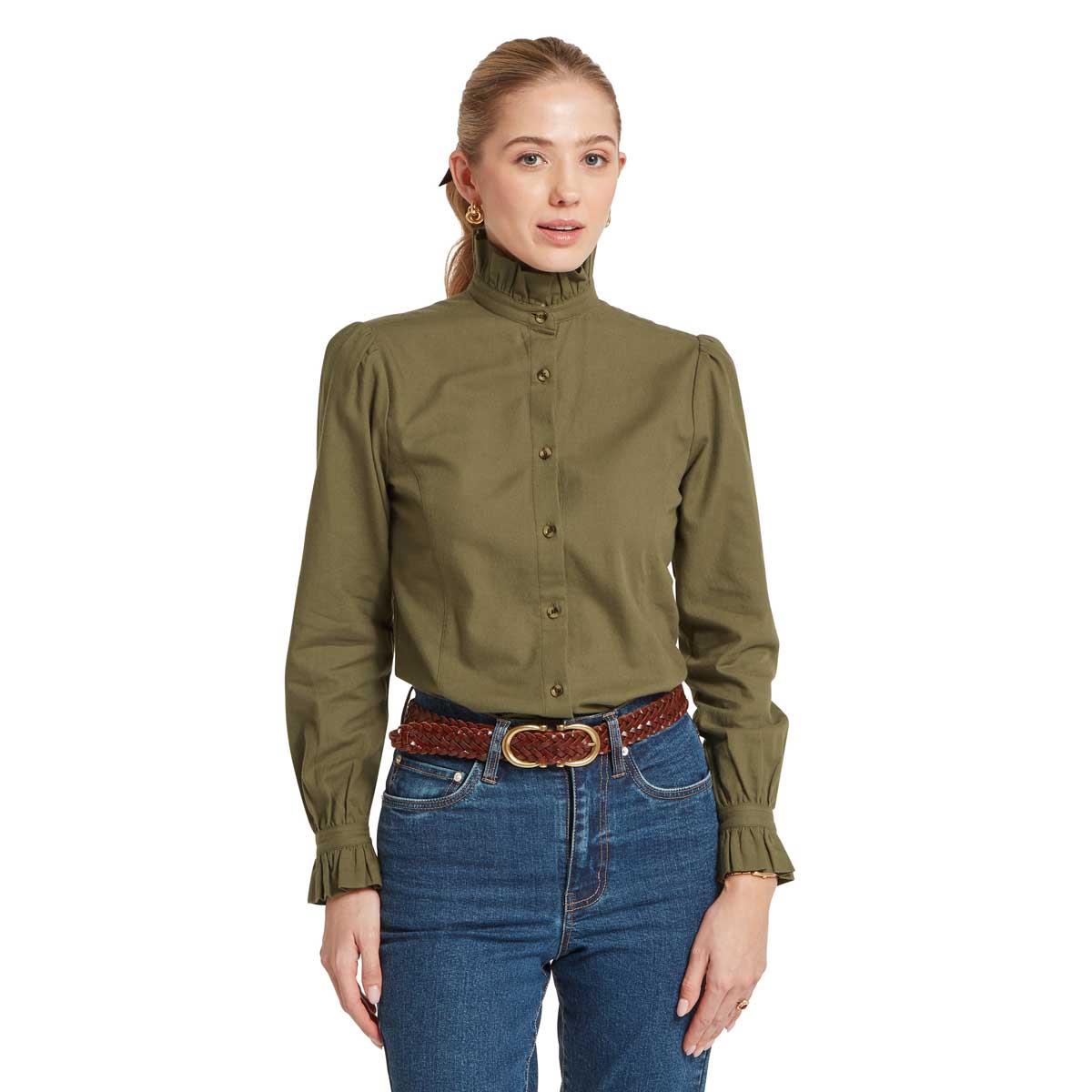 Dark Khaki Green Schoffel Womens Sheringham Shirt On Model