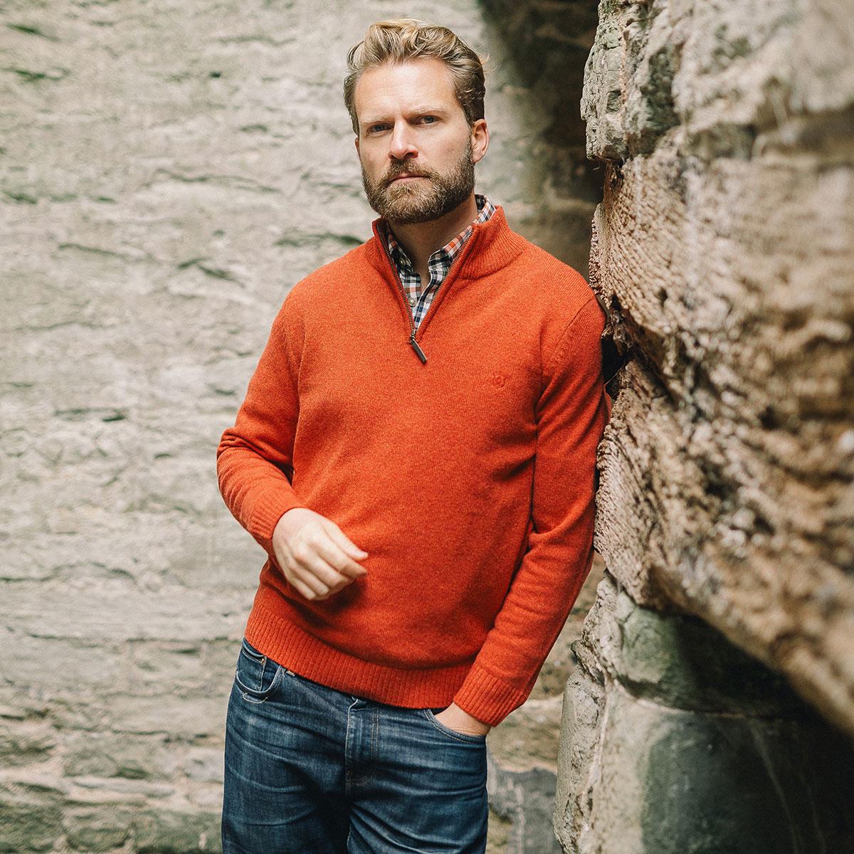 Albert and Maurice Mens Netherton Copper Brown Lambswool Zip Neck Jumper