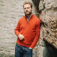 Albert and Maurice Mens Netherton Copper Brown Lambswool Zip Neck Jumper lifestyle