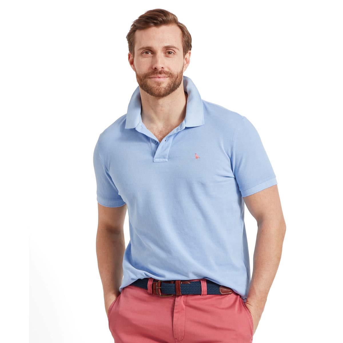 Pale Blue Schoffel Mens St Ives Garment Dyed Jersey Polo Shirt FRONT