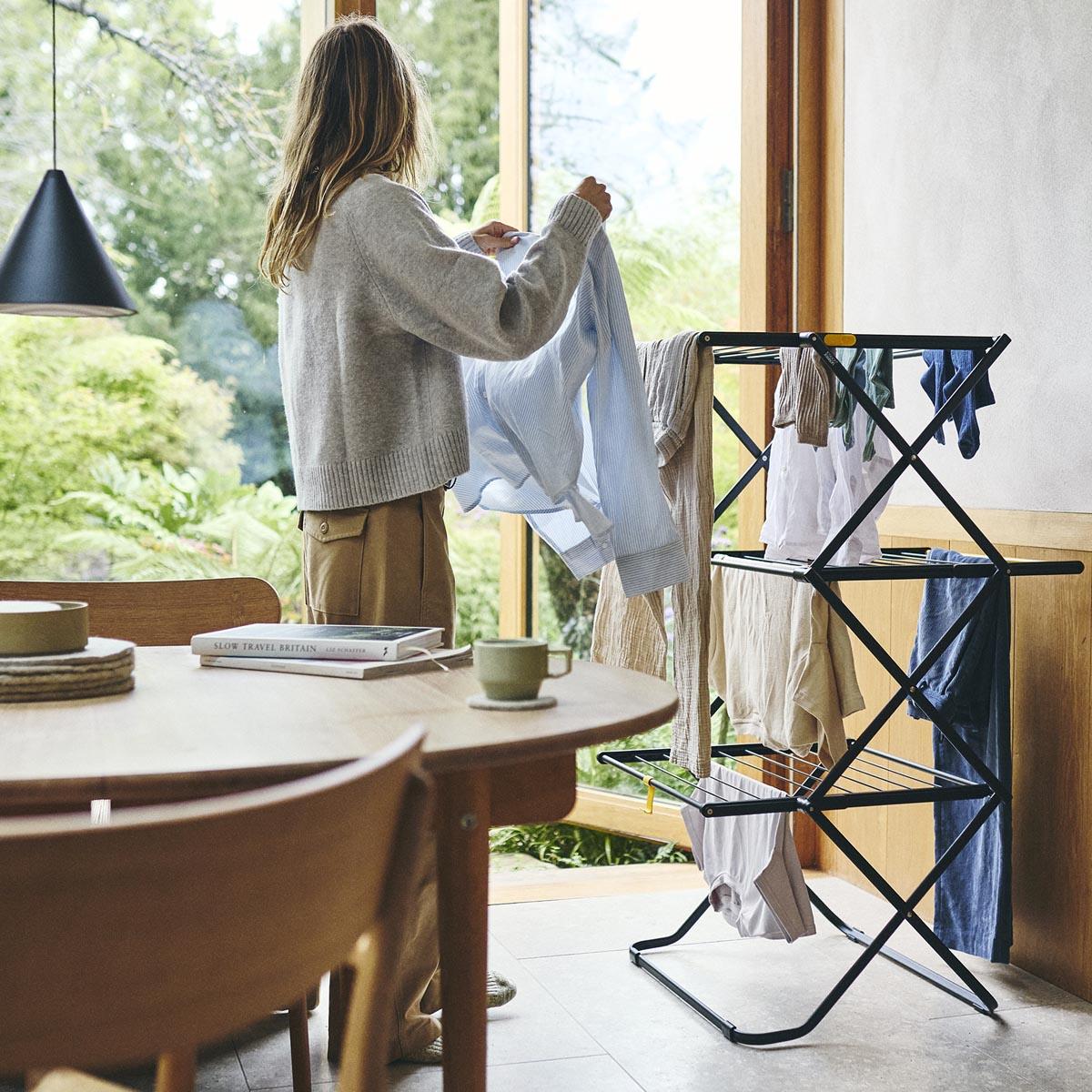 Black Joseph Joseph AirFrame Max 21m 3-Tier Clothes Airer LIfestyle In Use