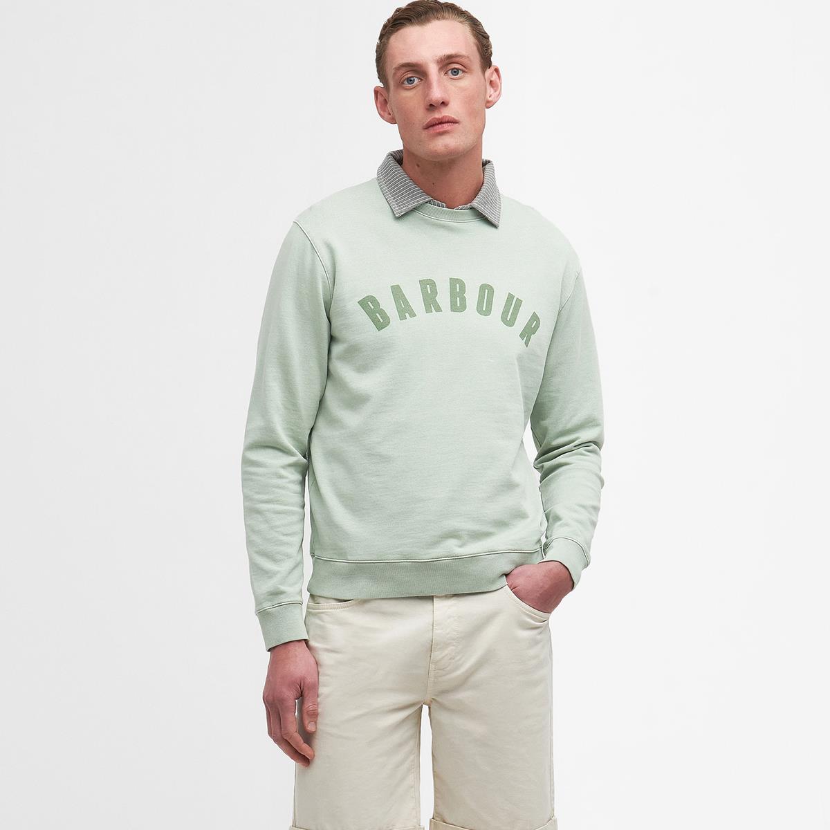 Sea Foam Barbour Mens Terra Dye Logo Crew Neck Sweatshirt On Model