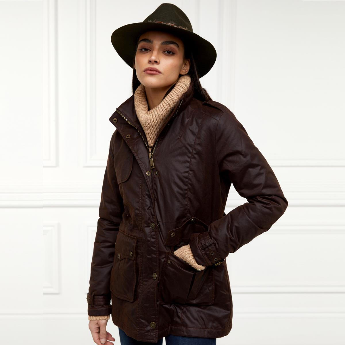 Chocolate Holland Cooper Womens Durham Wax Jacket On Model