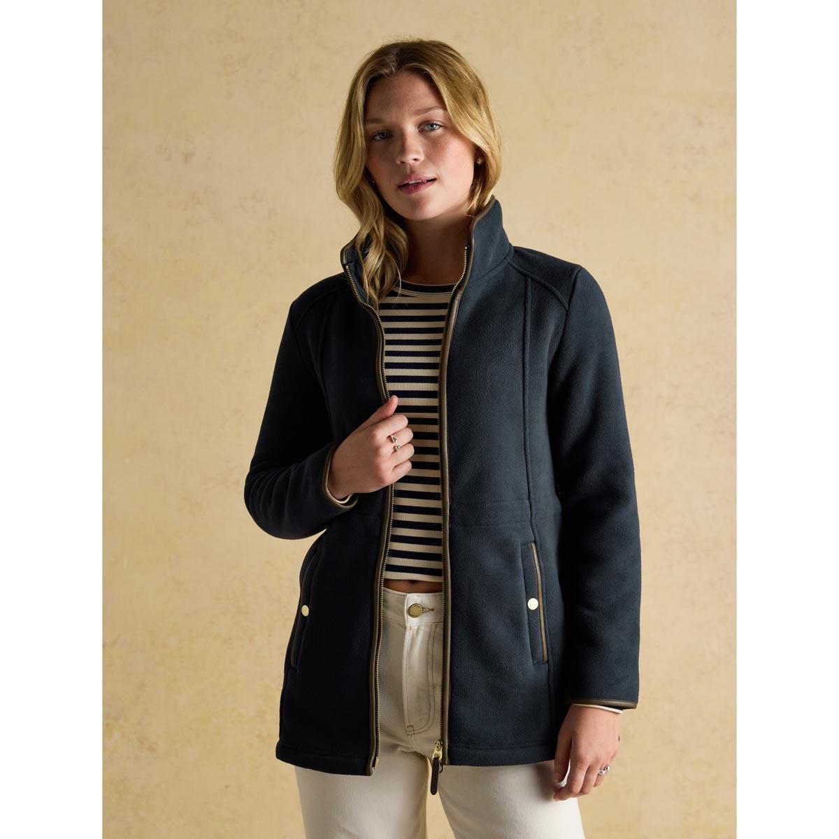 Navy Joules Womens Heritage Longline Fleece Jacket On Model Unzipped