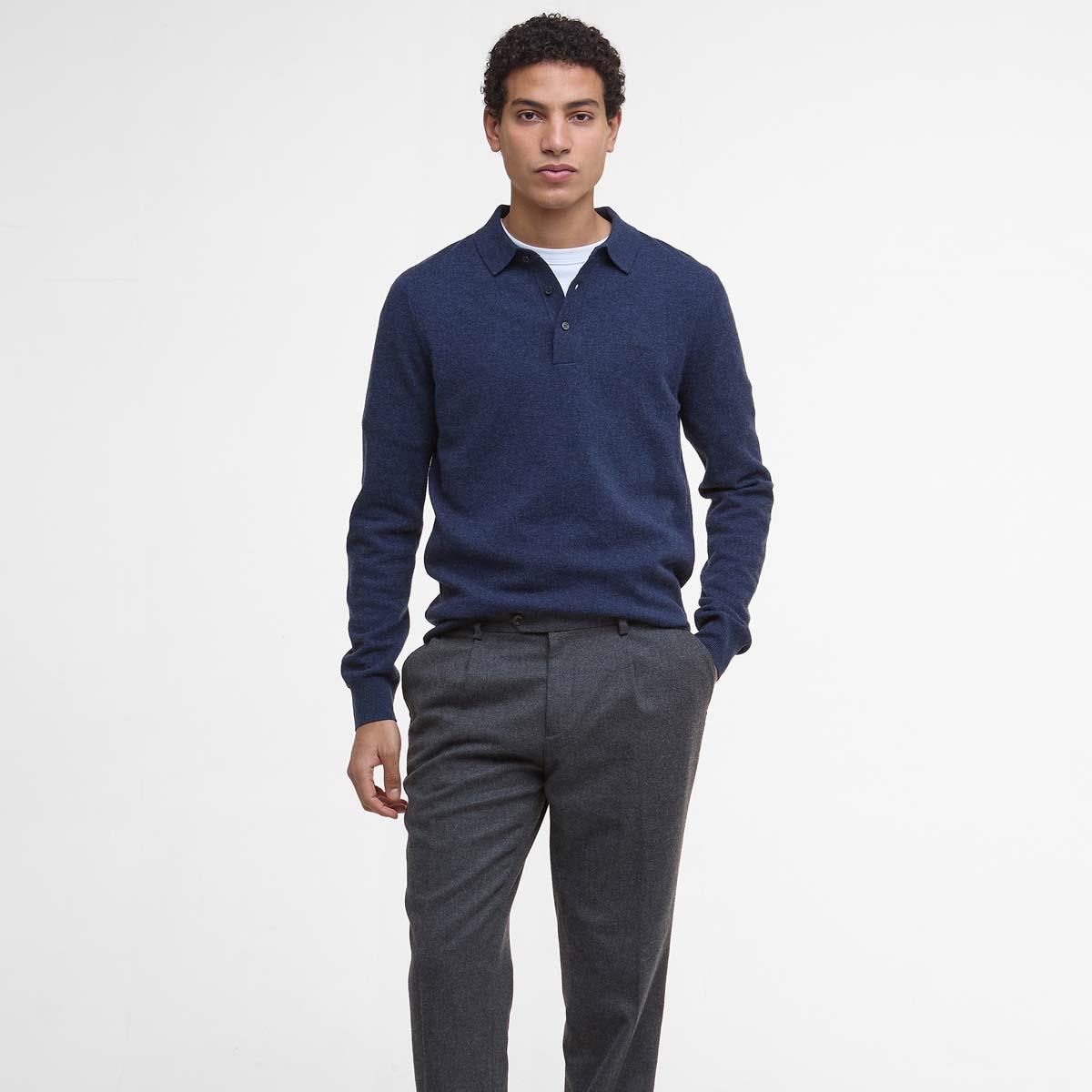 Navy Marl Barbour Mens Hutherston Knitted Polo Shirt On Model
