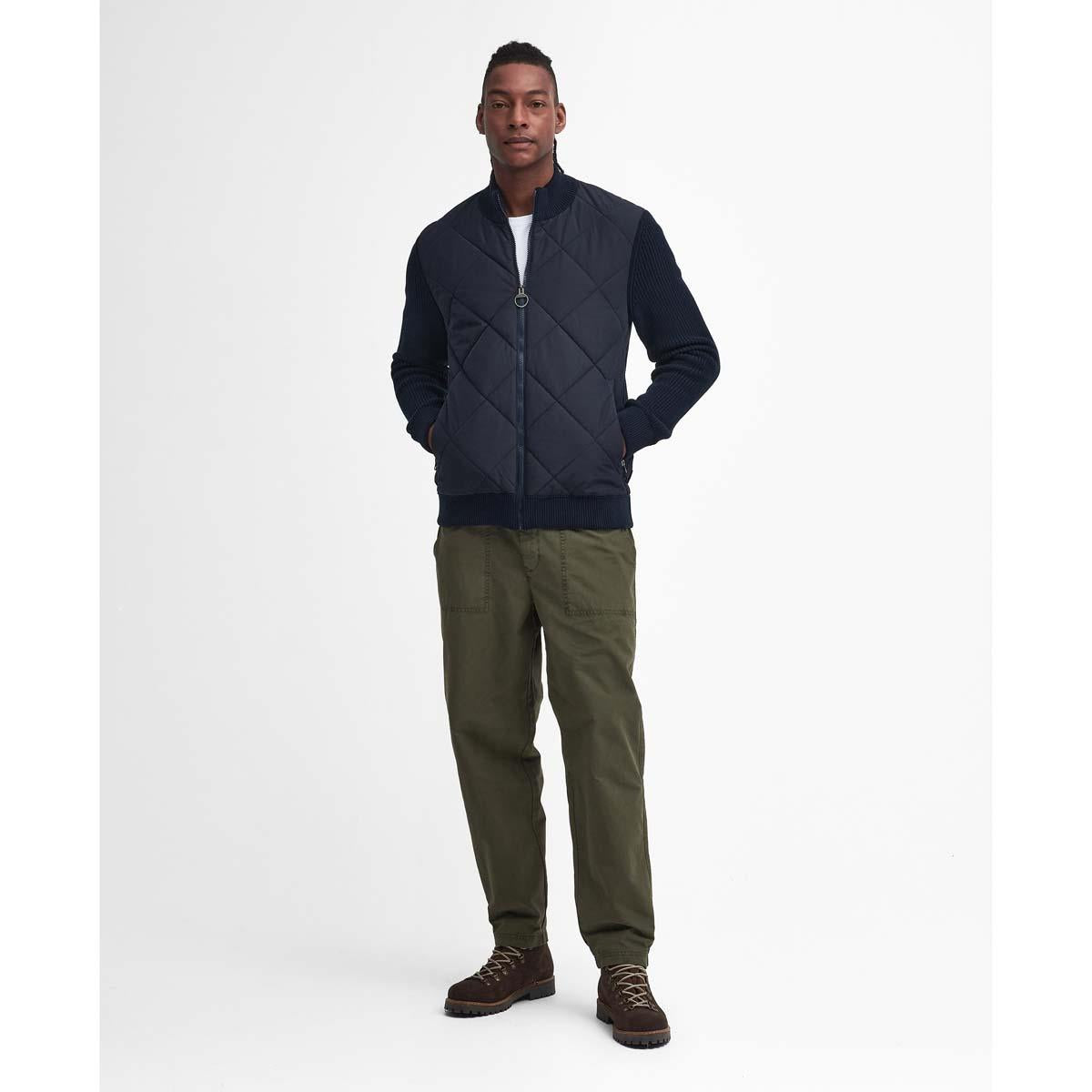 Navy Barbour Men's Newland Zip Through Knitted Jumper On Model