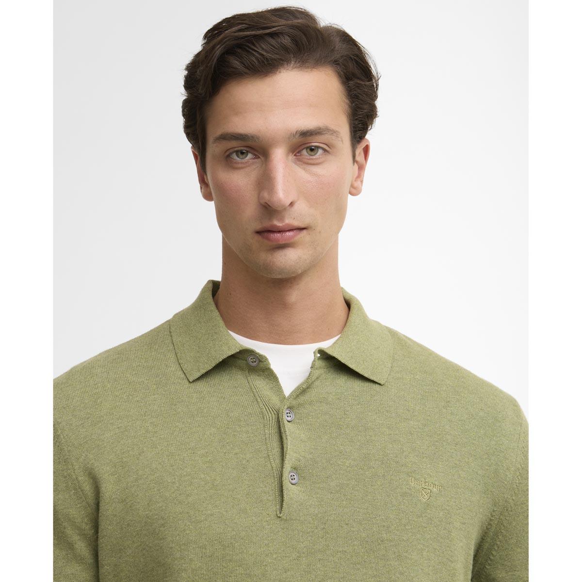Laurel Green Barbour Mens Pima Cotton Knitted Polo Shirt Collar