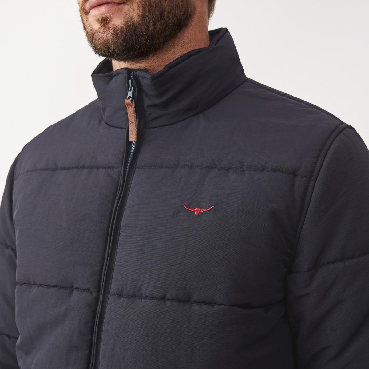 Navy R.M. Williams Mens Patterson Creek Jacket On Model Close Up