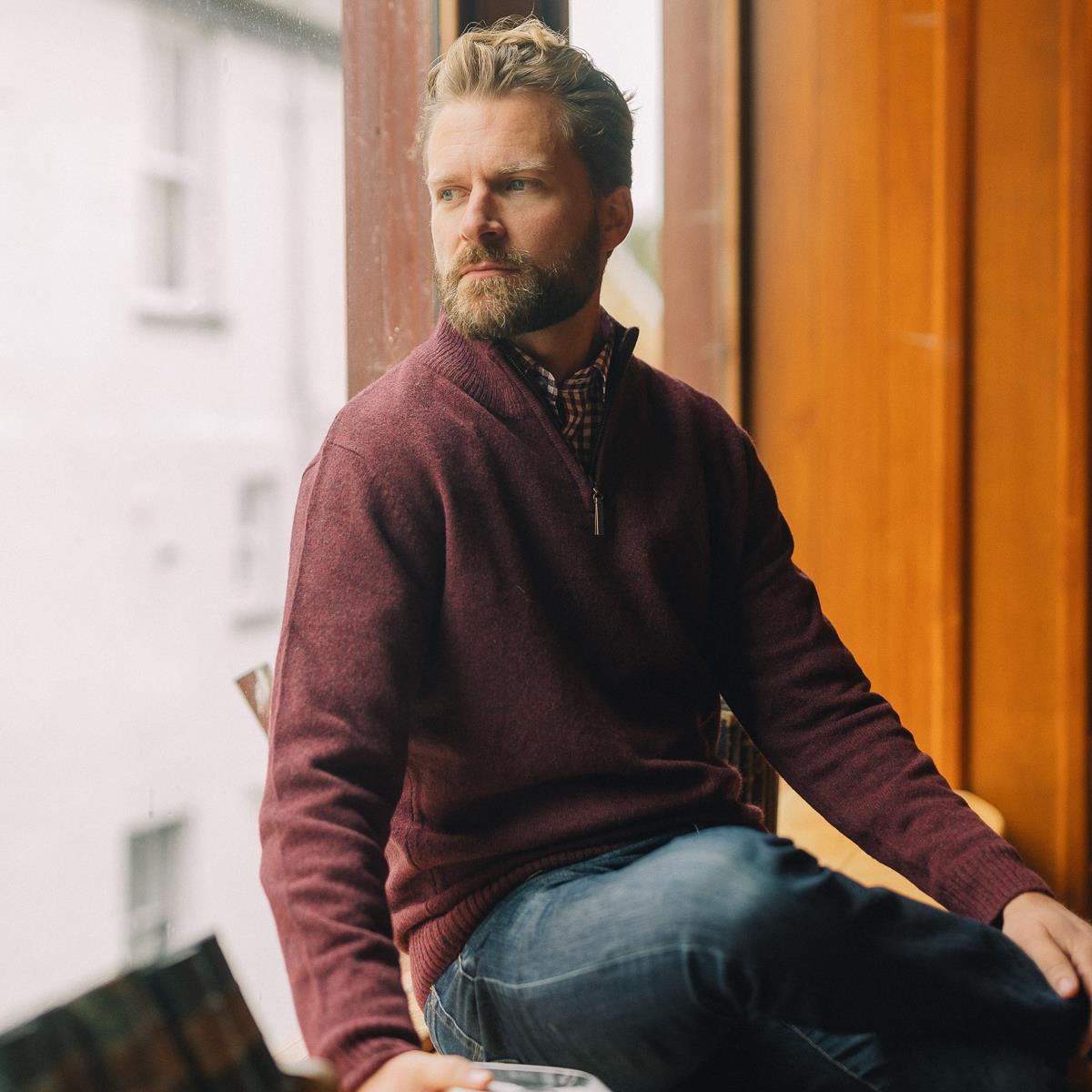 Albert and Maurice Netherton Zip Neck Jumper Claret window