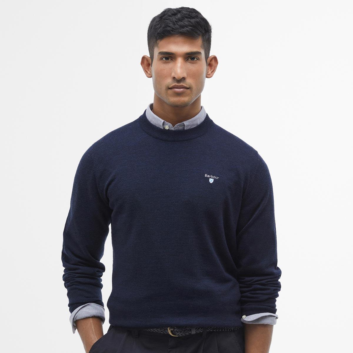 Navy Barbour Mens Merino Crew Neck Sweater Model Front