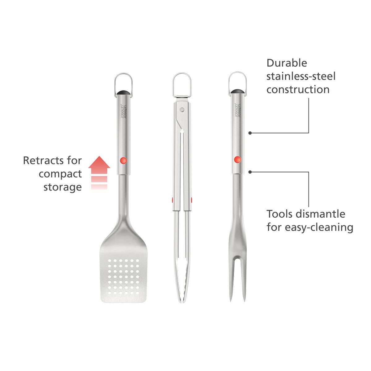Joseph Joseph GrillOut 3-Piece Stainless-Steel BBQ Turner, Tongs and Fork Set Product Features