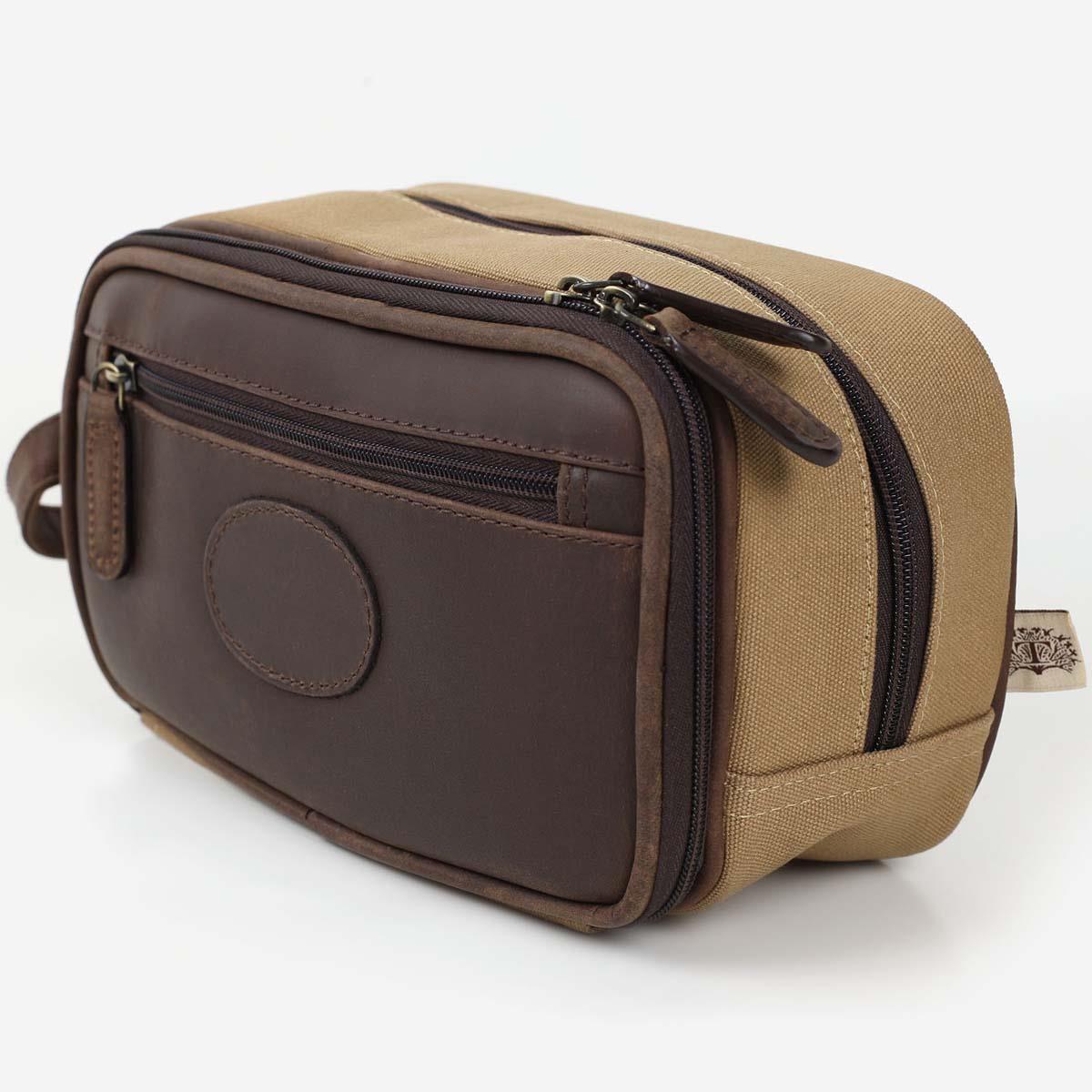 Teales Khaki Canvas and Leather Wash Bag