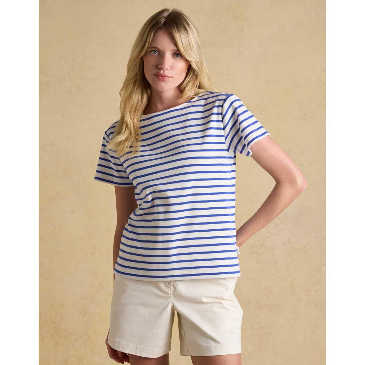 Blue Stripe Joules Womens Harbour Short Sleeve Top On Model